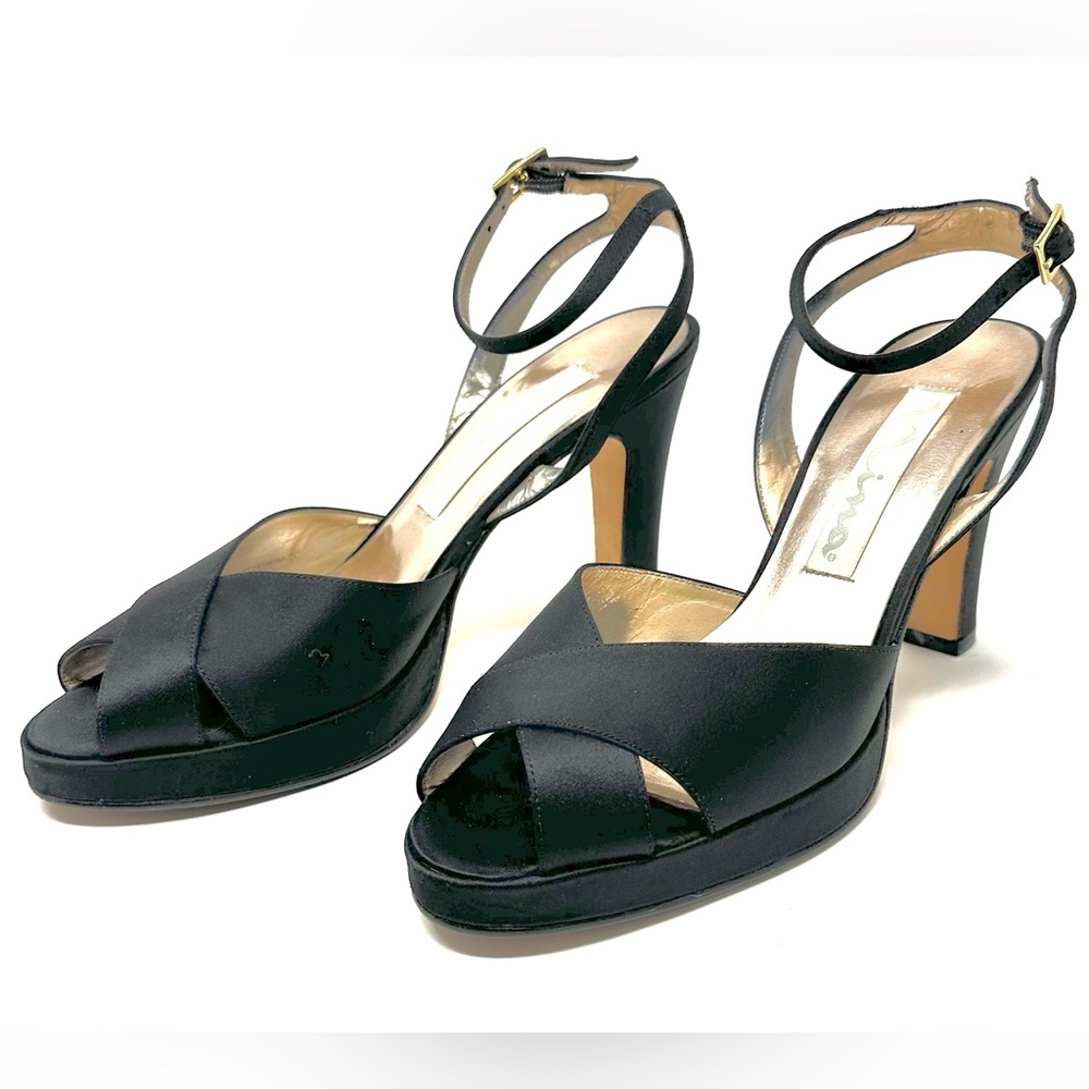 Nina Black Satin Crisscross Peep-Toe Platform Heels
